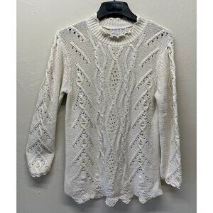 Knit Crochet Sweater Womens Large Chunky Braided Pearl Detail White VTG Ramie
